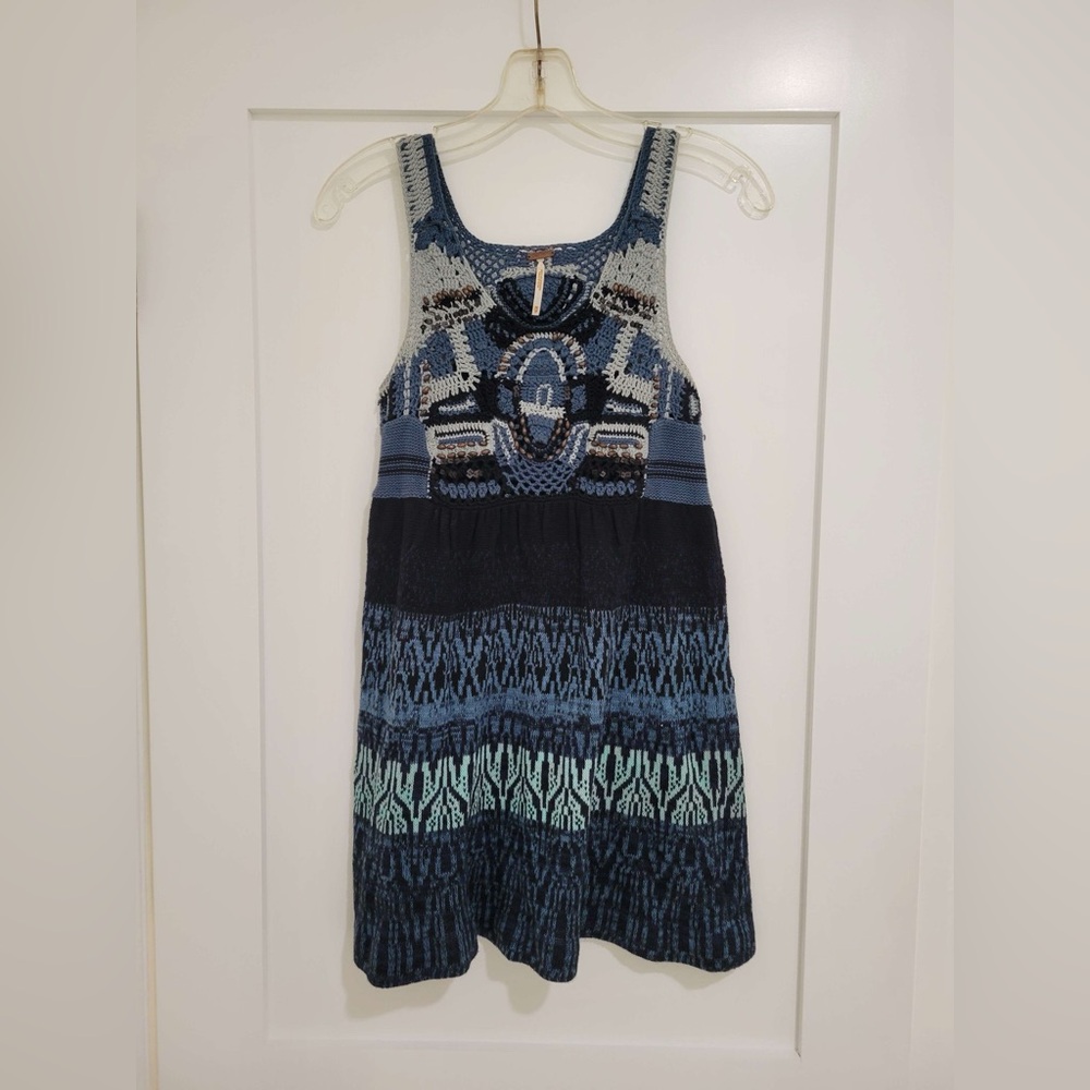 Free People blue + black crochet sleeveless dress w/ wood beads and sequins